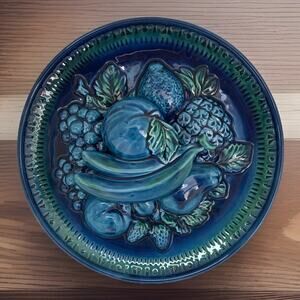 Vintage Inarco Mood Indigo Wall Hanging Plate Ceramic 3d Embossed Fruit Design